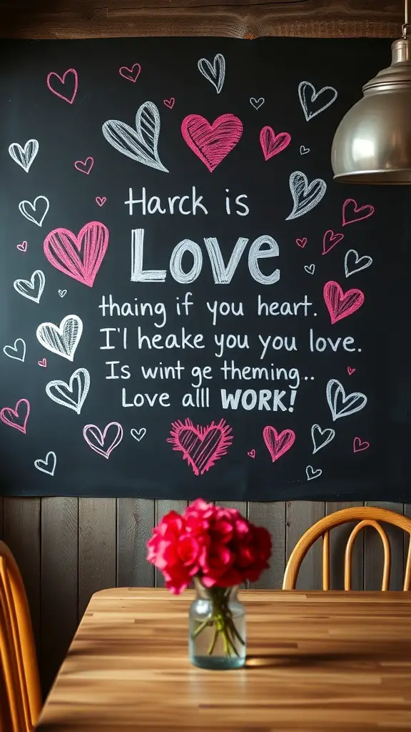 Chalkboard with love messages and colorful hearts, featuring a vase of roses on a wooden table.