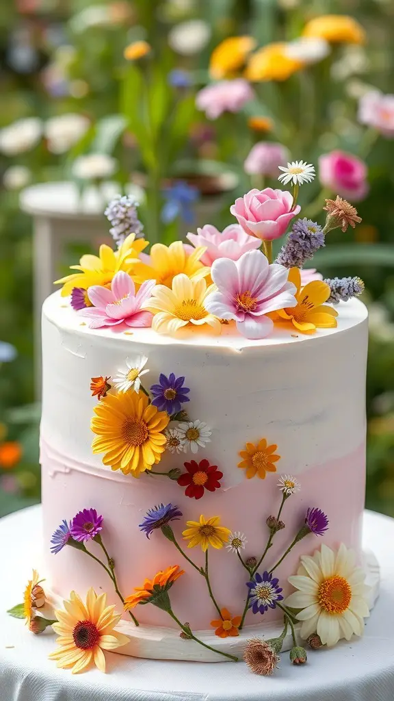 A pastel wildflower cake decorated with colorful flowers, set against a blurred garden background.