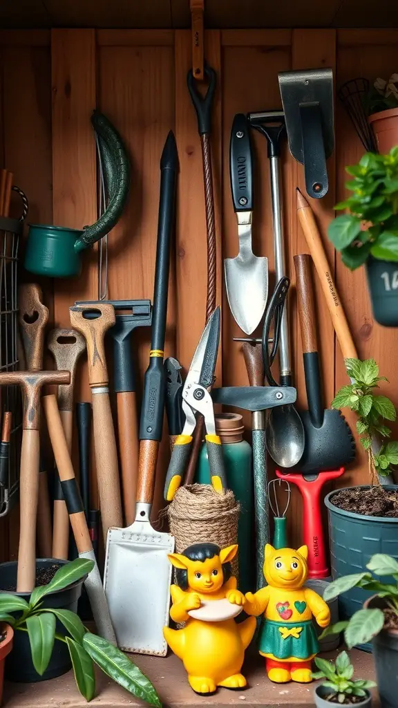 An organized potting shed filled with various gardening tools and playful figures.