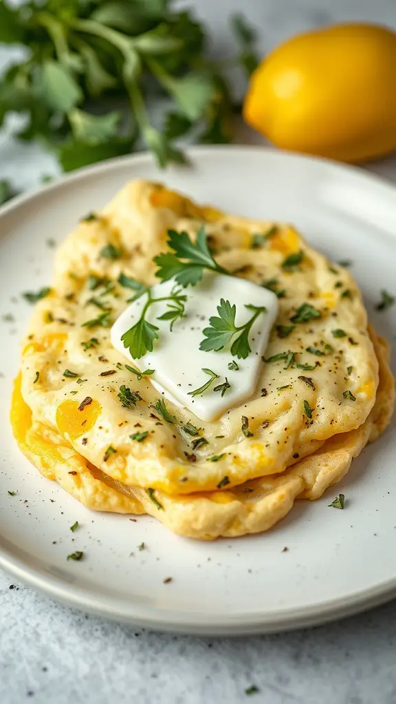 49+ Delicious Spring Breakfast Ideas to Brighten Your Morning 2 A herbed omelette with goat cheese topped with fresh herbs on a plate, with a lemon in the background.