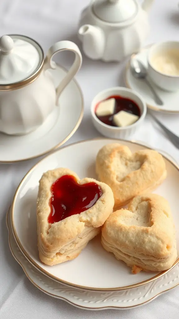 23+ Heart-Shaped Food Ideas 16 Heart-shaped scones with jam on a plate, accompanied by a teapot and butter.