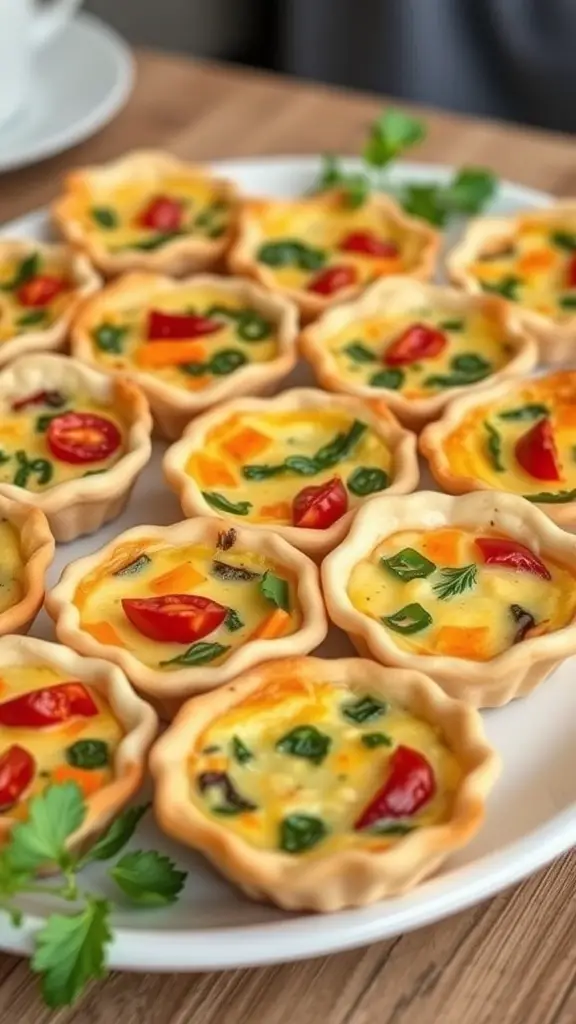 A plate of mini quiches filled with colorful vegetables.