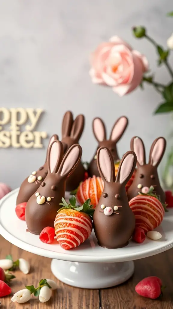 45+ Delightful Easter Desserts You Must Try This Year 2 A plate of chocolate-covered strawberry bunnies with decorative details, perfect for Easter.