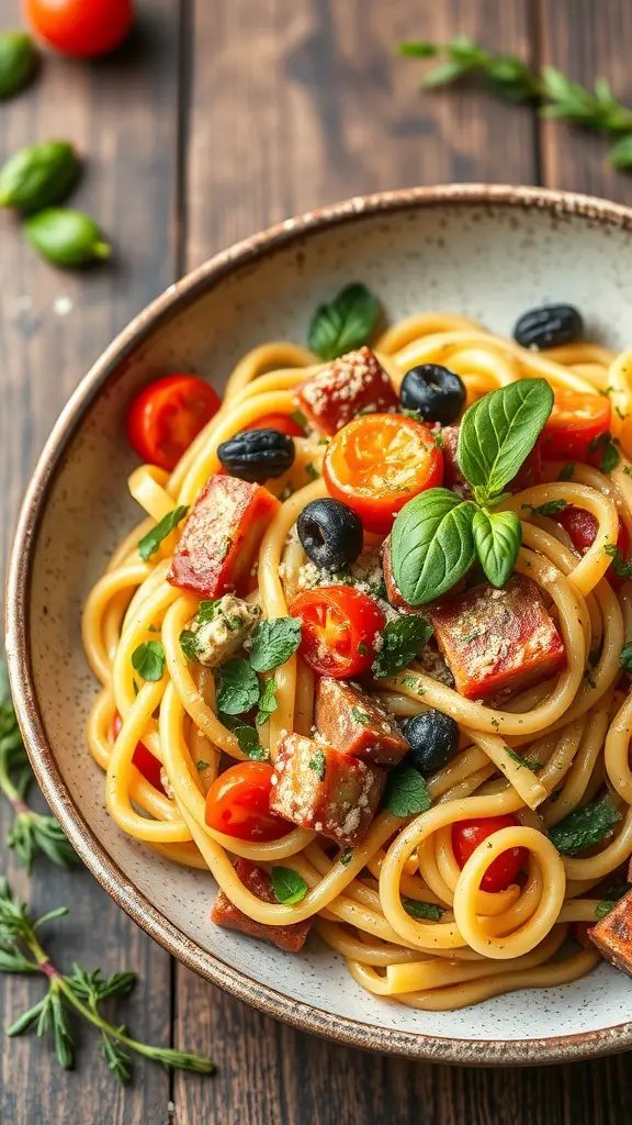 A bowl of Pasta Primavera with cherry tomatoes, olives, and fresh herbs