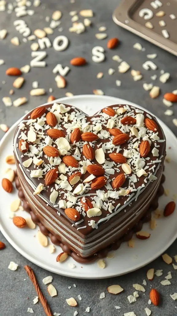 Heart-shaped cake decorated with chocolate frosting, almonds, and white chocolate shavings