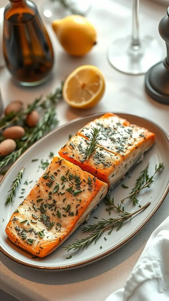 A beautifully plated herb-crusted salmon with fresh herbs and lemon, perfect for a Mother's Day dinner.