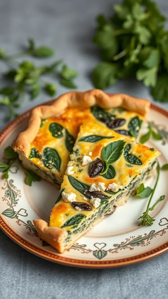 45+ Creative Mother's Day Brunch Ideas 2 A slice of spinach and feta quiche on a decorative plate, garnished with herbs.