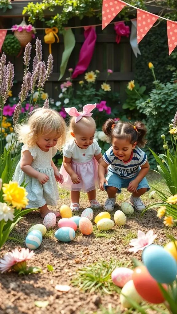 Children enjoying an Easter egg hunt in a colorful garden