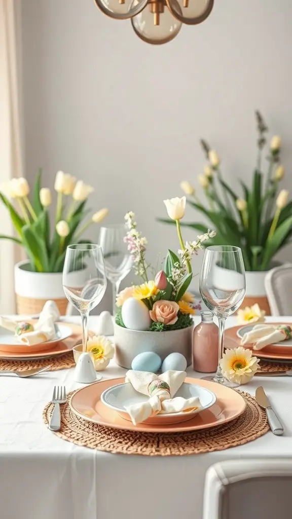 Easter table setting with pastel colors, flowers, and decorative eggs