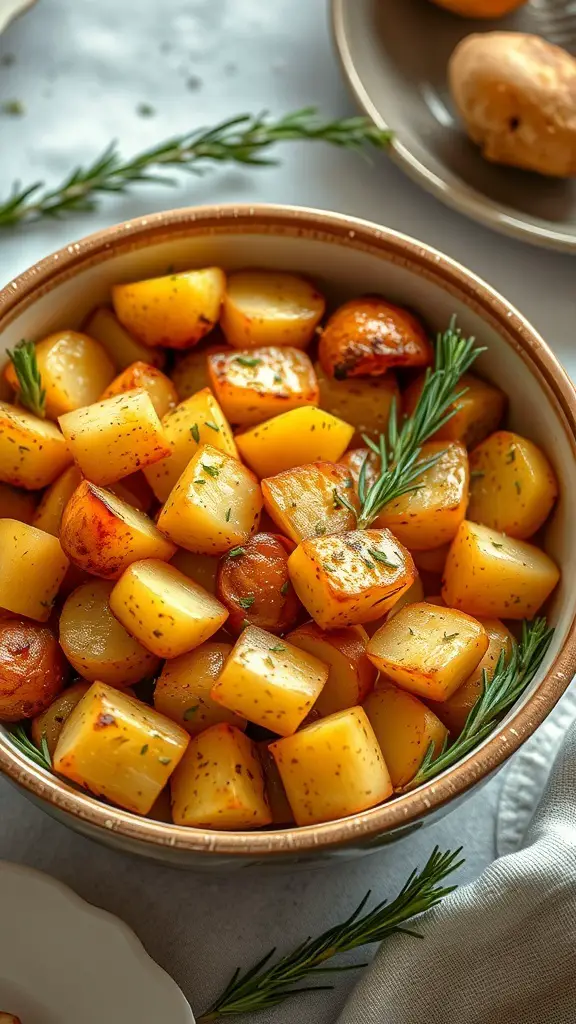 A bowl of rosemary and garlic roasted potatoes, golden and crispy, garnished with fresh rosemary.