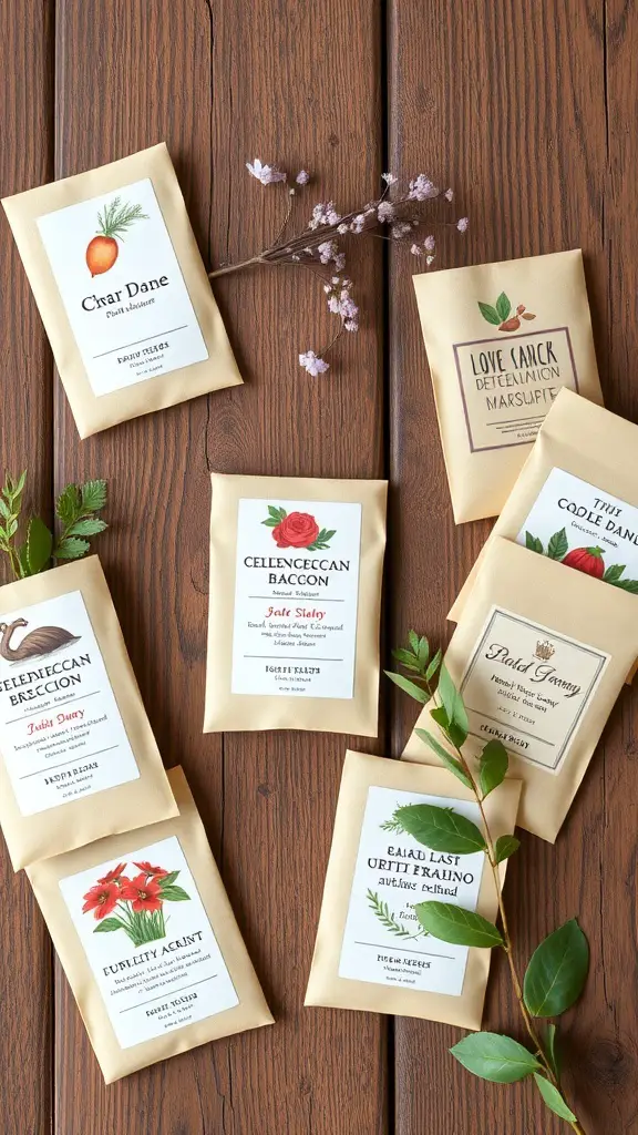 A collection of customized seed packets with various designs and labels on a wooden surface.