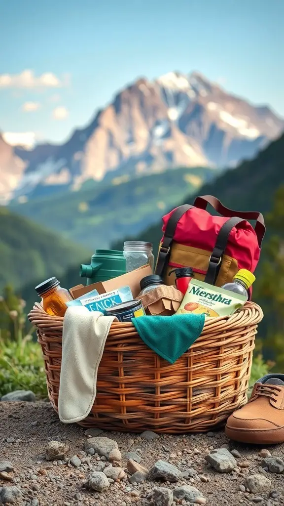23+ Creative Valentine's Day Basket Ideas 10 A picnic basket filled with snacks and drinks, set against a mountain backdrop.