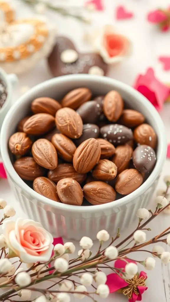 A bowl of chocolate-covered almonds surrounded by decorative flowers and heart shapes.