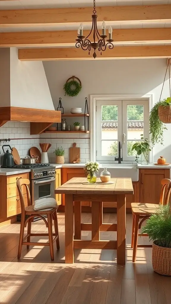A rustic kitchen with wooden accents, featuring a wooden table, chairs, and beams.