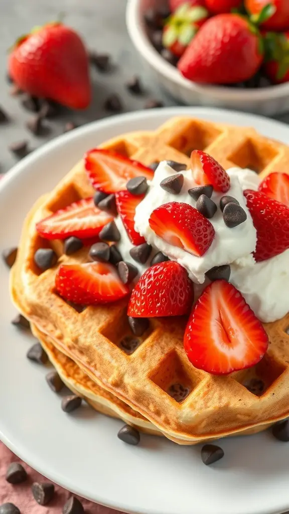 Plate of chocolate chip strawberry waffles topped with whipped cream and fresh strawberries