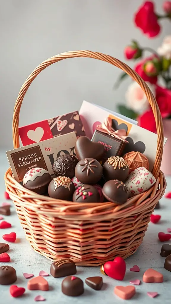 A beautifully arranged basket filled with gourmet chocolates and heart-themed decorations.