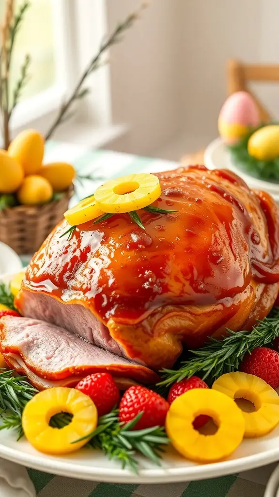 A honey glazed ham garnished with pineapple slices and strawberries, set on a festive table.
