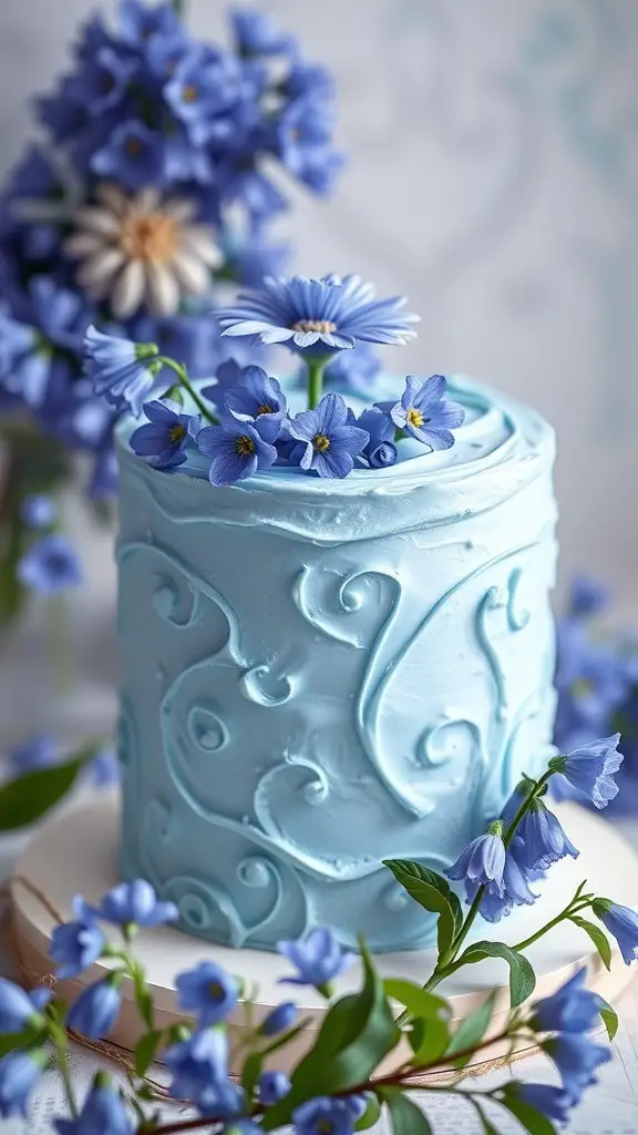 A beautifully decorated blue cake with blue flowers on top, set against a soft background.
