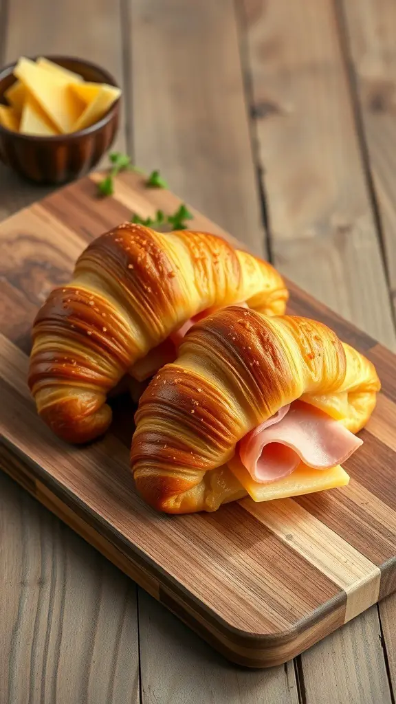 Stuffed croissants with ham and cheese on a wooden cutting board
