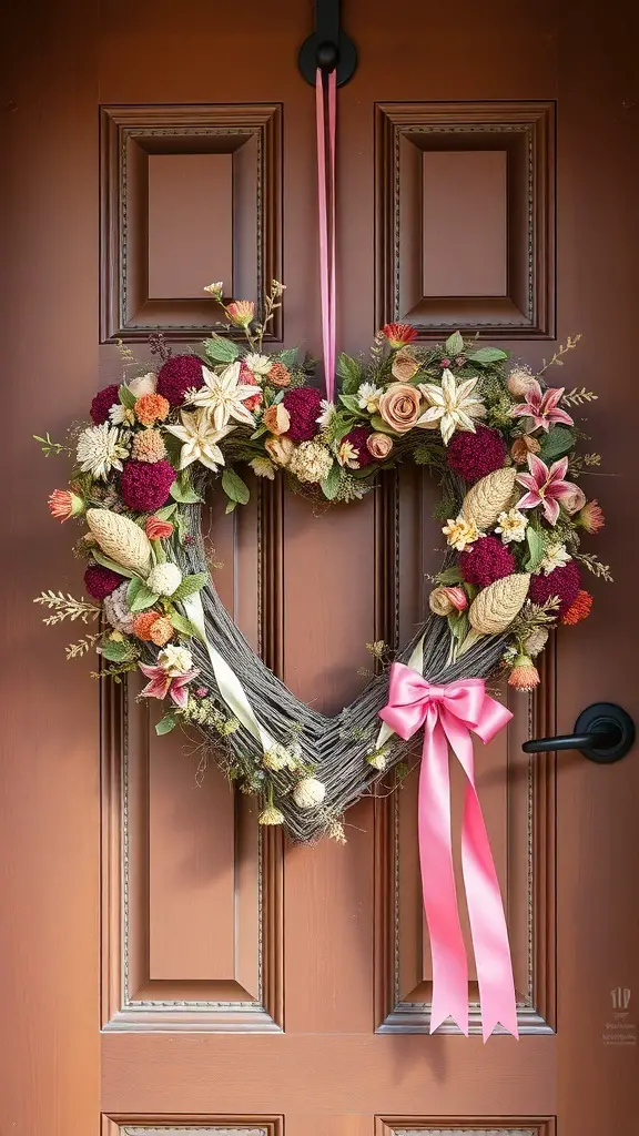 29+ Charming Vintage Valentine Decorations for Your Home 8 A heart-shaped wreath made of colorful flowers and a pink bow, hanging on a brown door.