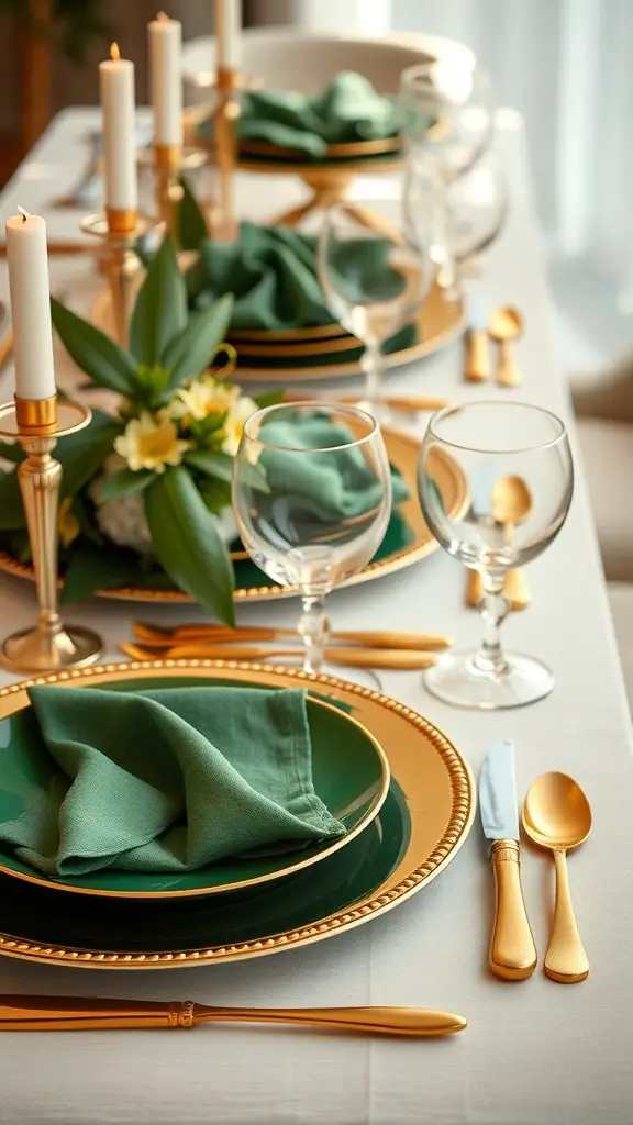 A beautifully set table for St. Patrick's Day featuring gold and green tableware, with candles and a floral arrangement.