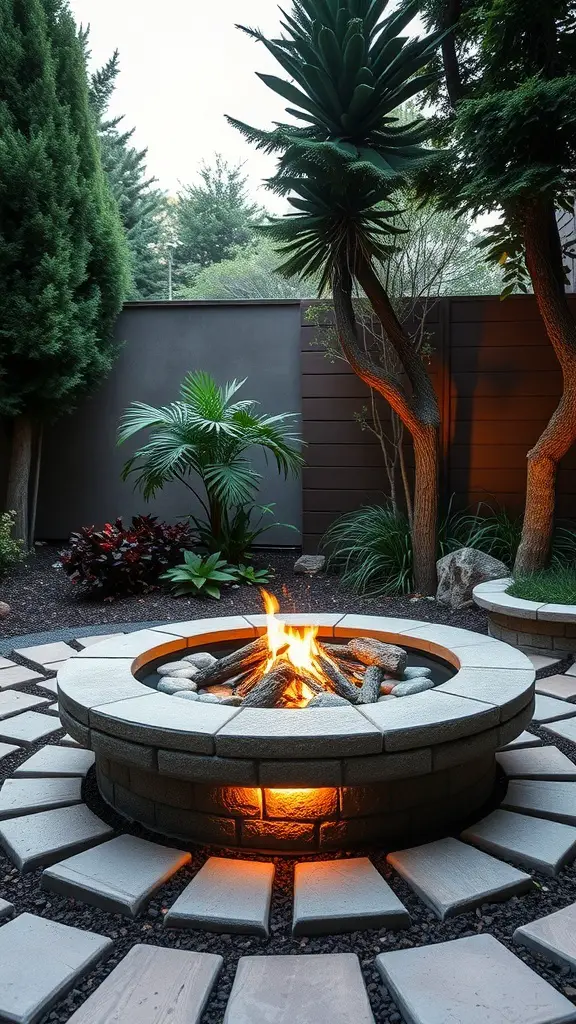 A cozy fire pit surrounded by stones and plants, with a warm glow from the flames.