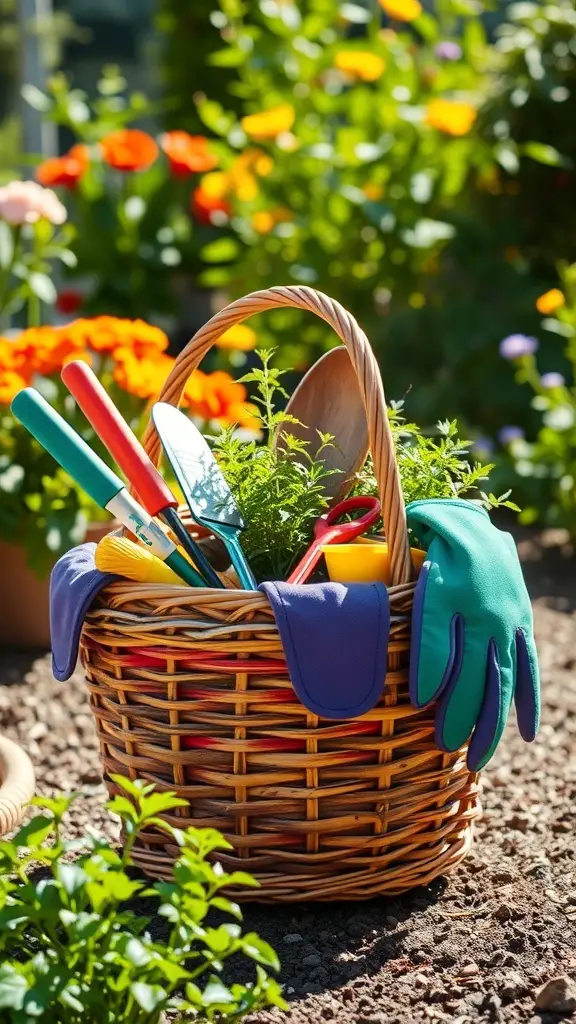 23+ Creative Valentine's Day Basket Ideas 14 A wicker basket filled with gardening tools, gloves, and a small pot of herbs, surrounded by colorful flowers.