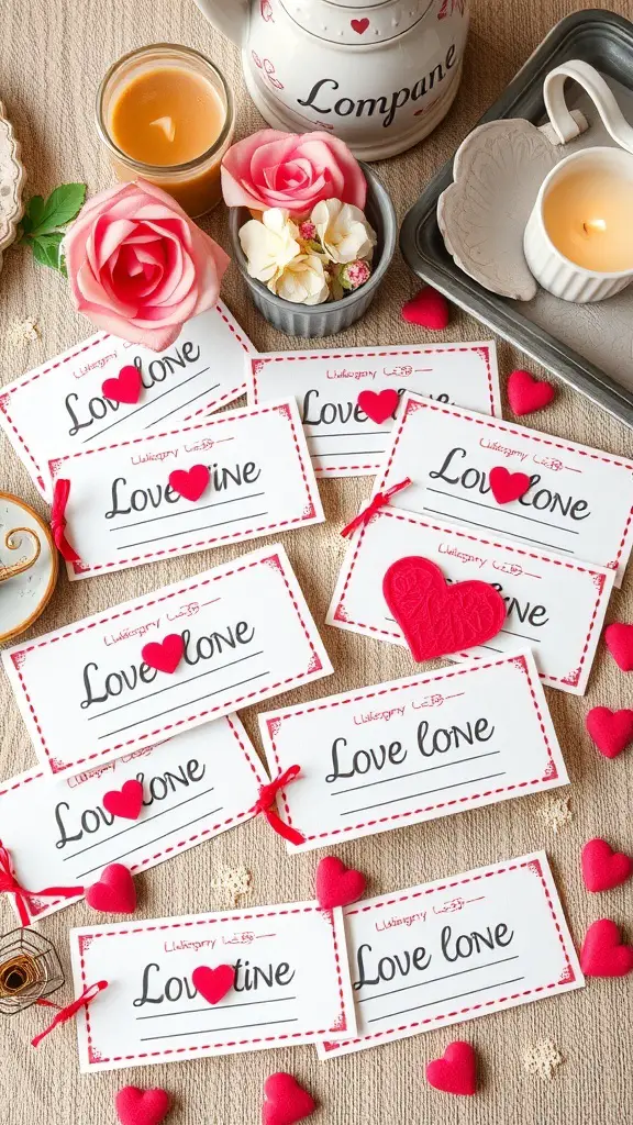 27+ Creative DIY Valentine’s Day Decor Ideas You’ll Love 7 Colorful love coupons with hearts and decorative elements, surrounded by flowers and candles.