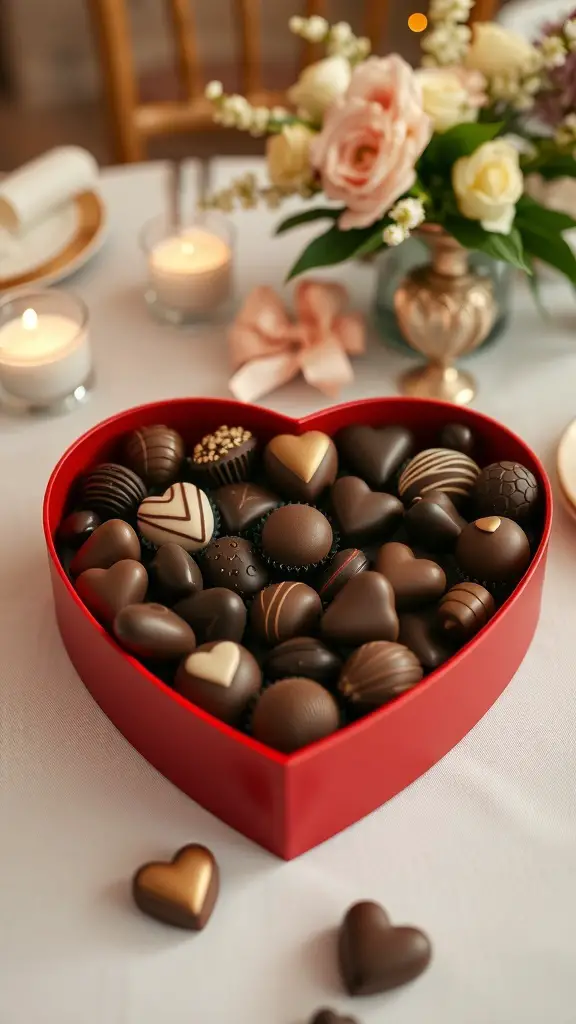 23+ Stunning Valentine's Day Centerpiece Ideas for a Romantic Atmosphere 13 A heart-shaped box filled with assorted chocolates, surrounded by flowers and candles on a table.