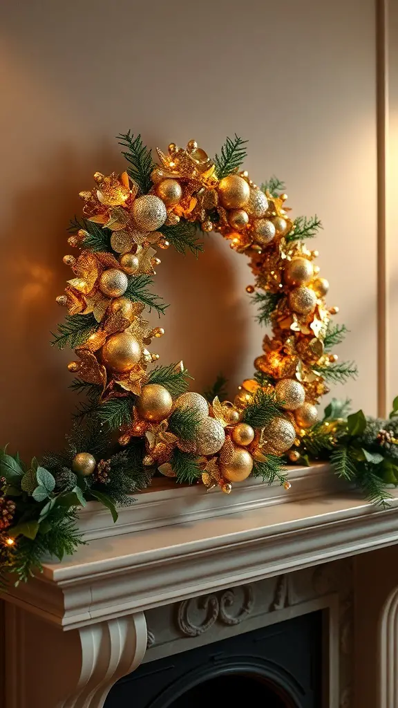 A beautifully decorated gold wreath with ornaments and greenery, perfect for St. Patrick's Day.
