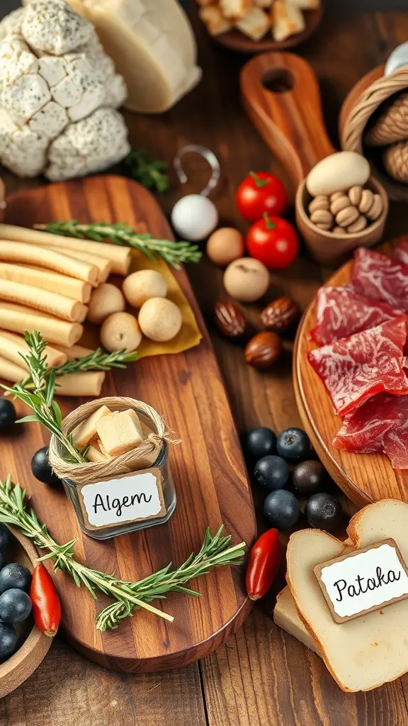 A beautifully arranged Easter grazing board with various cheeses, meats, nuts, and fresh herbs.