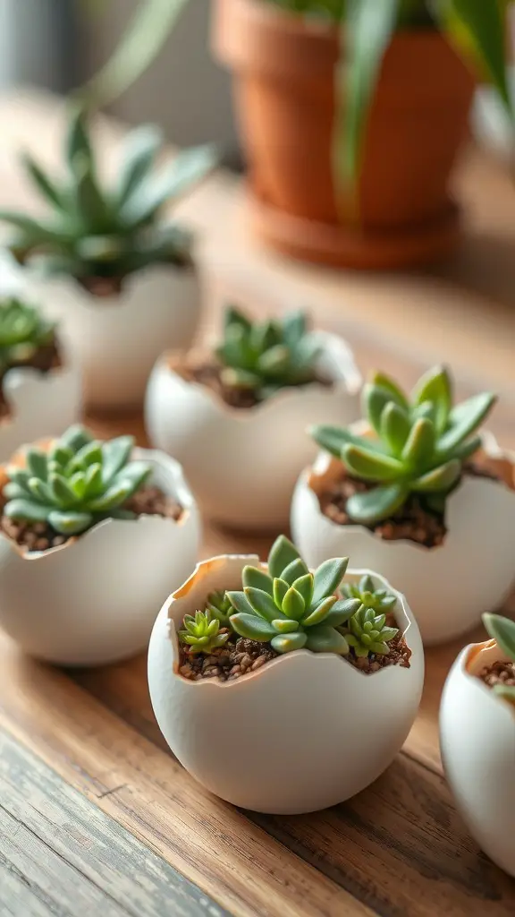 Eggshell planters with small succulents arranged on a wooden table.