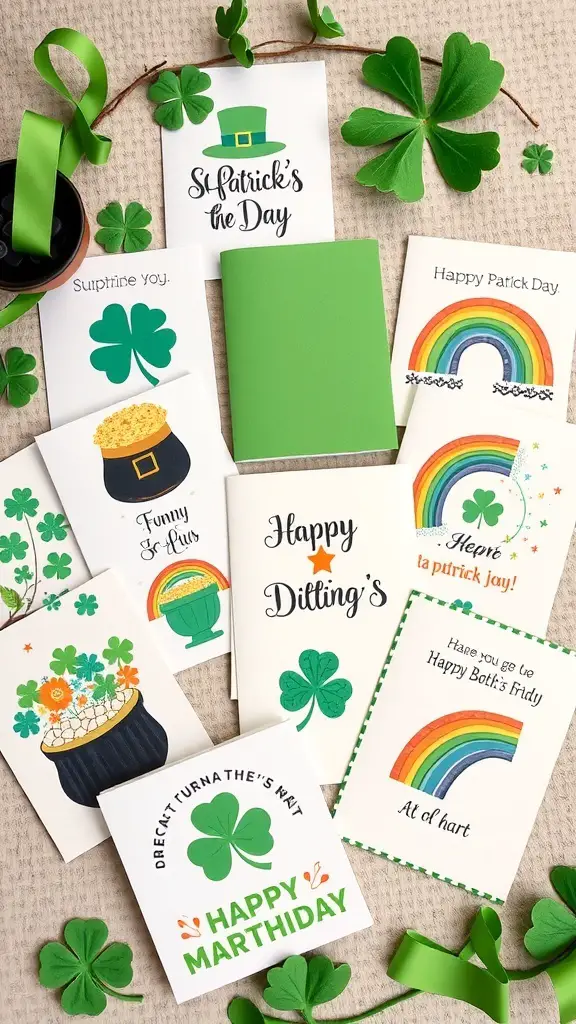 A collection of St. Patrick's Day greeting cards featuring shamrocks, rainbows, and festive messages.