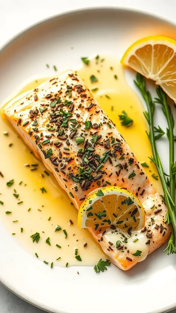 A plate of herb-crusted salmon with lemon butter sauce, garnished with lemon slices and herbs.
