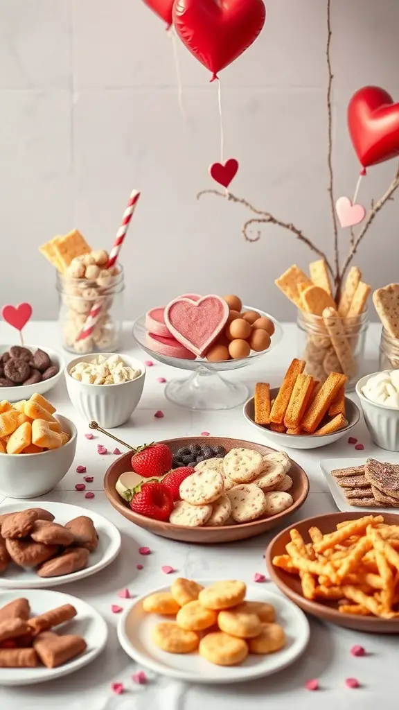 A colorful Galentine's Day snack station with heart-shaped treats and various snacks.