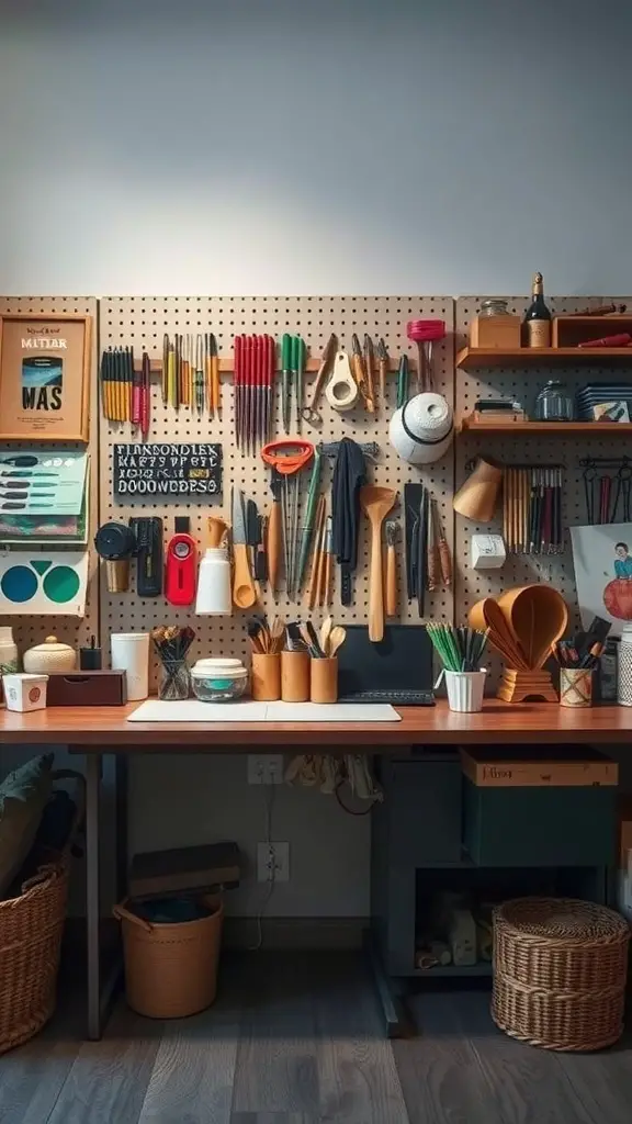 A well-organized pegboard with various crafting tools and supplies, showcasing a creative crafting station.
