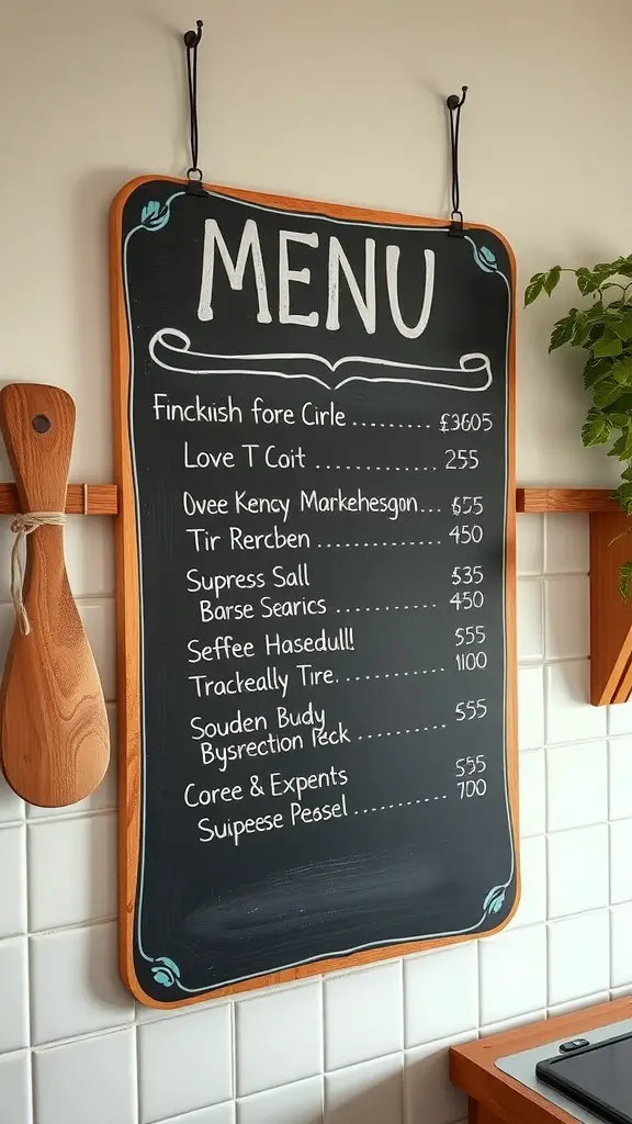 Chalkboard menu display with various items listed