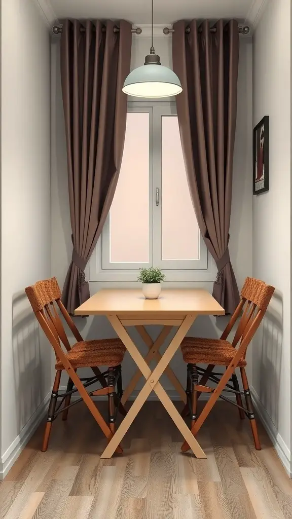 A small dining area with a foldable table and chairs, showcasing space-saving furniture.