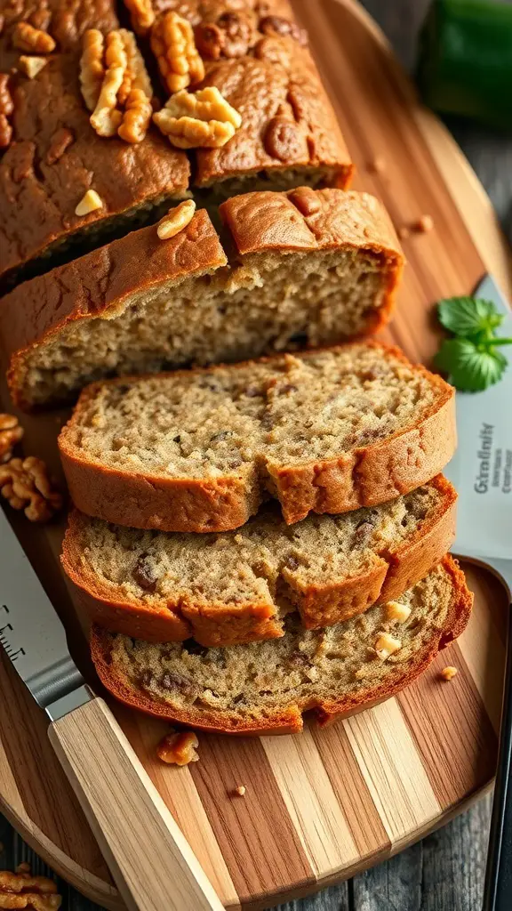 Sliced zucchini bread with walnuts on a wooden cutting board