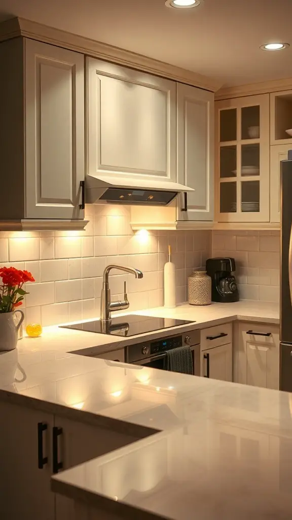 A modern kitchen with under-cabinet lighting illuminating the countertop.