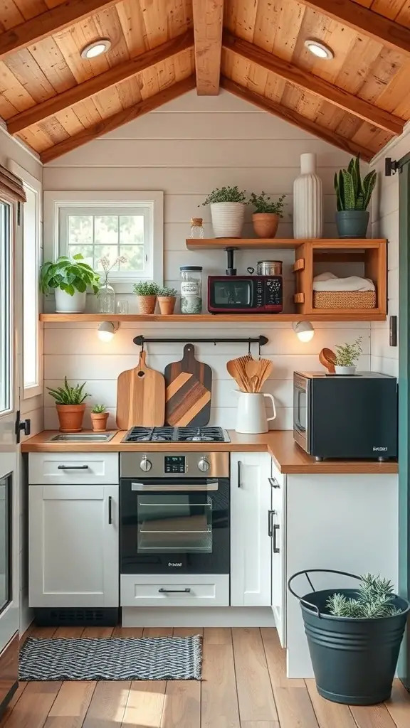 27+ Inspiring Tiny Shed House Ideas 16 A compact kitchen in a tiny shed featuring modern appliances, wooden shelves, and plants.