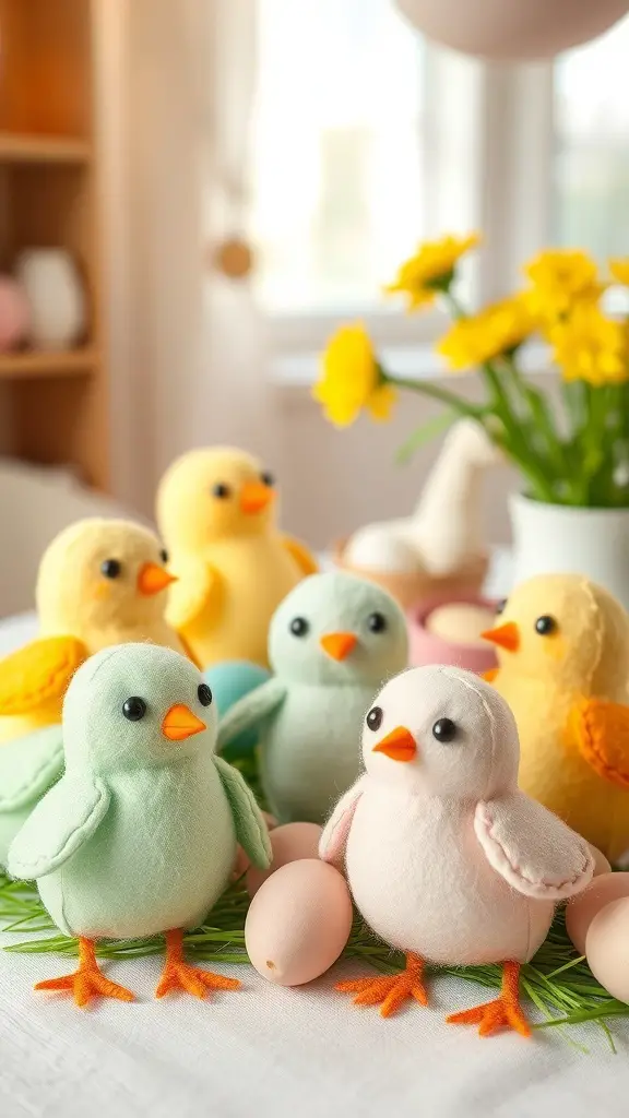 Colorful felt chick decorations in various poses, surrounded by pastel eggs and flowers.