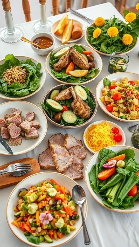 A beautifully arranged table with various spring-inspired dishes including salads, grilled meats, and colorful vegetables.