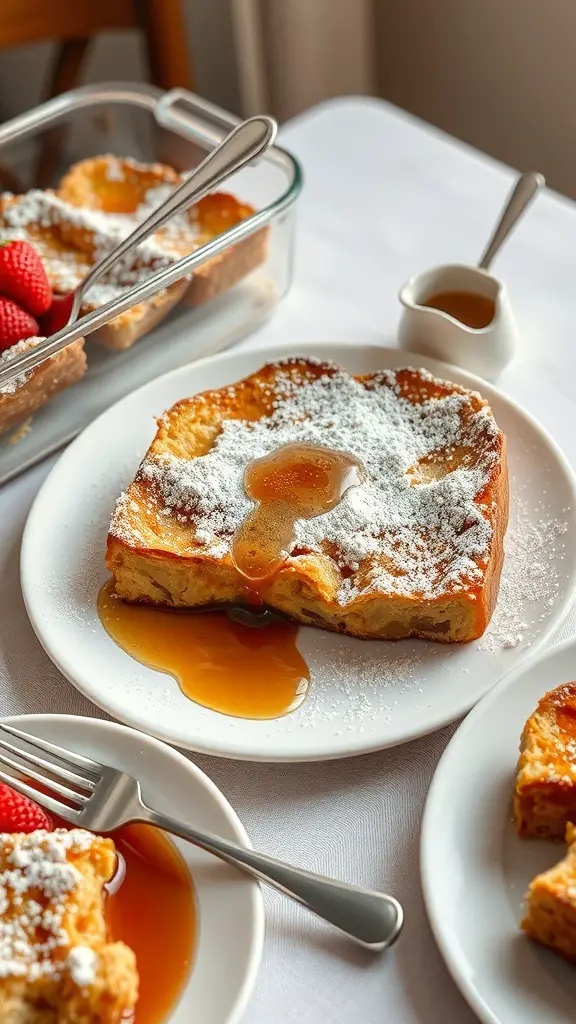 45+ Creative Mother's Day Brunch Ideas 13 A delicious French Toast Casserole topped with powdered sugar and syrup, served with strawberries.