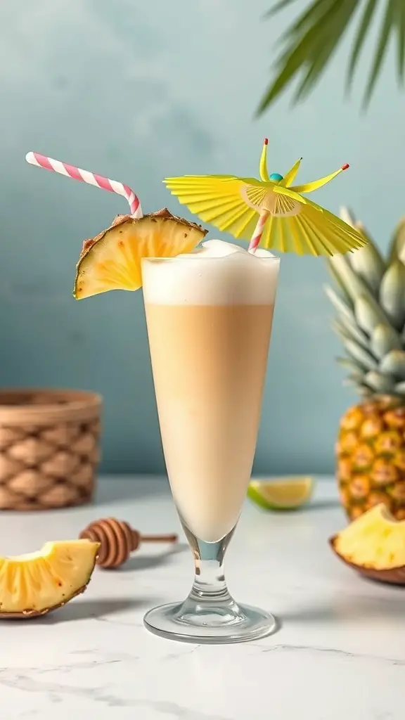 A refreshing Pineapple Coconut Mocktail with a slice of pineapple and a colorful umbrella