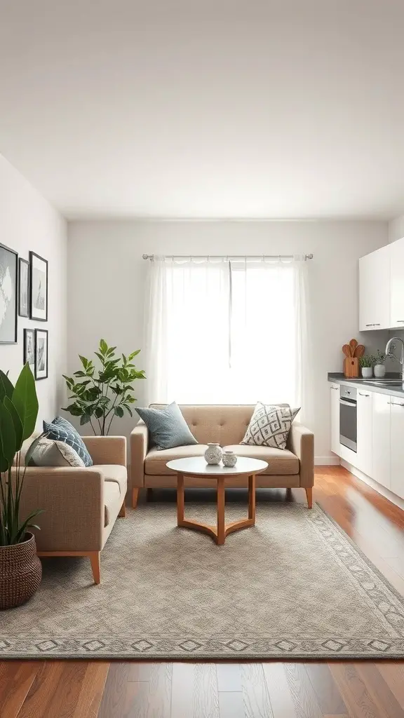 A cozy living room with a large rug, two sofas, and a small table, creating a defined space.