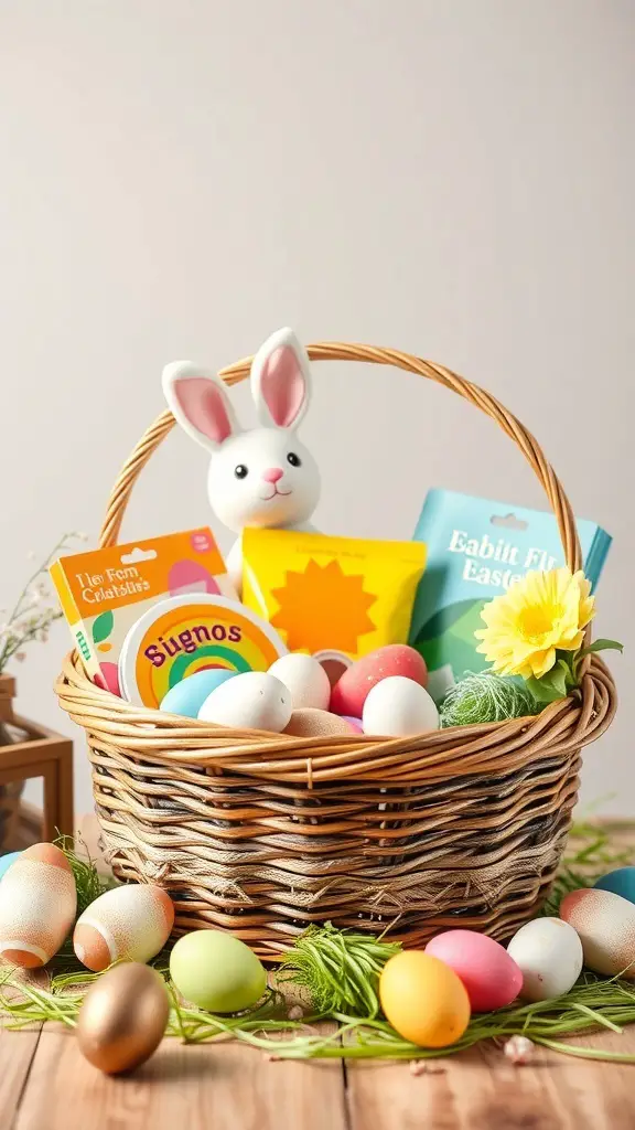 A colorful Easter basket filled with eggs, a bunny figure, and activity cards.
