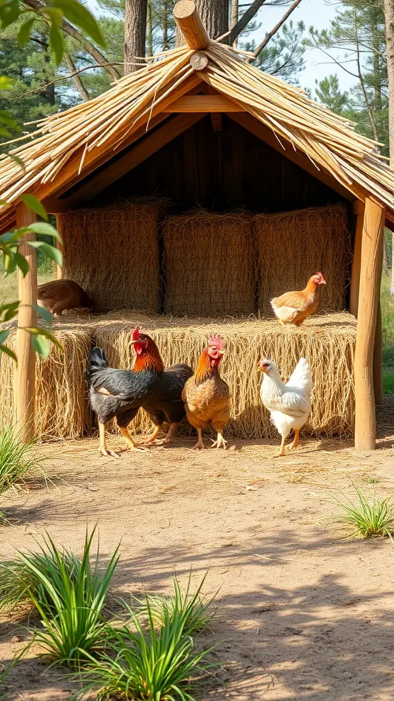 A straw bale chicken coop with chickens outside
