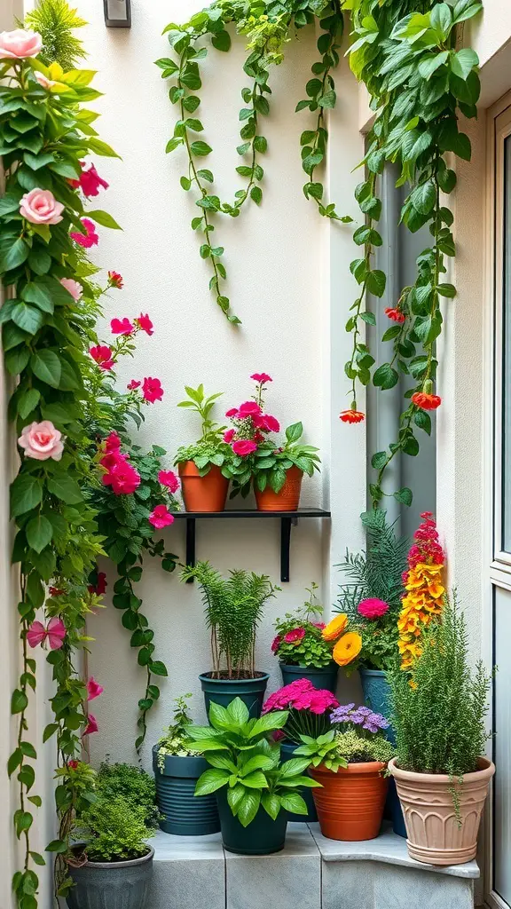 23+ Stylish Mini Balcony Ideas 5 A vibrant vertical garden on a mini balcony with colorful flowers and greenery in pots.