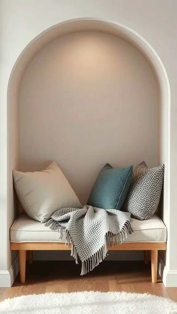 A cozy reading nook with a bench, pillows, and a warm blanket